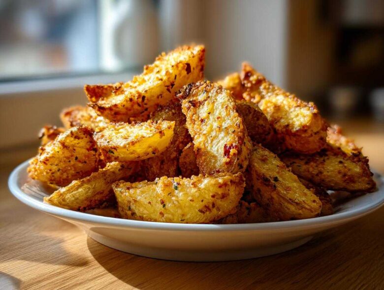 A close-up of a white plate piled high with golden, crispy baked garlic parmesan potato wedges.