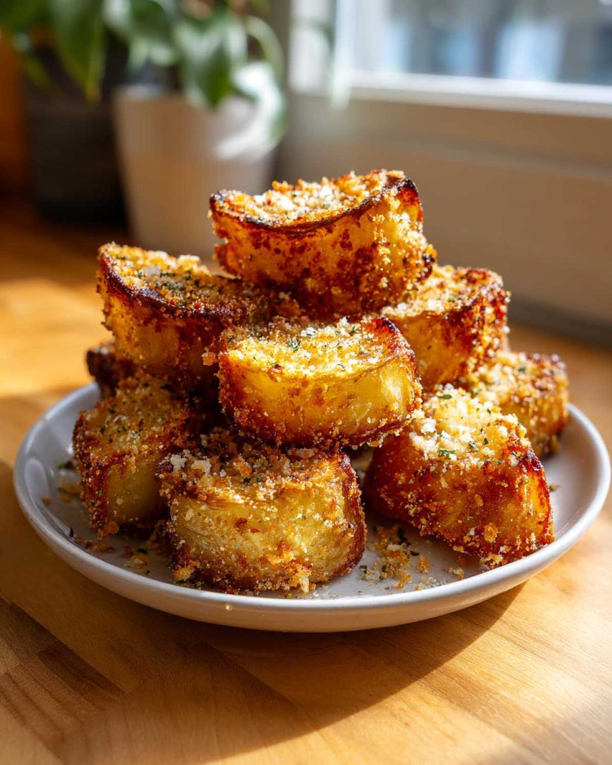A stack of golden brown Crispy Baked Garlic Parmesan Potato Wedges coated in cheese and herbs on a white plate.