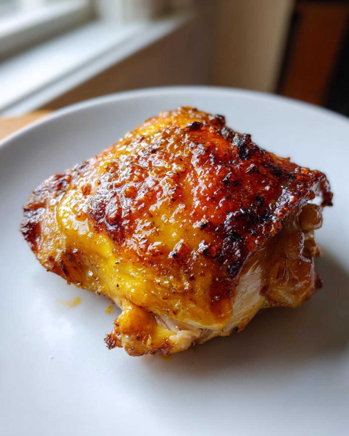 A single, perfectly roasted Lemon Garlic Roasted Chicken Thighs with deeply browned, glistening skin on a white plate.