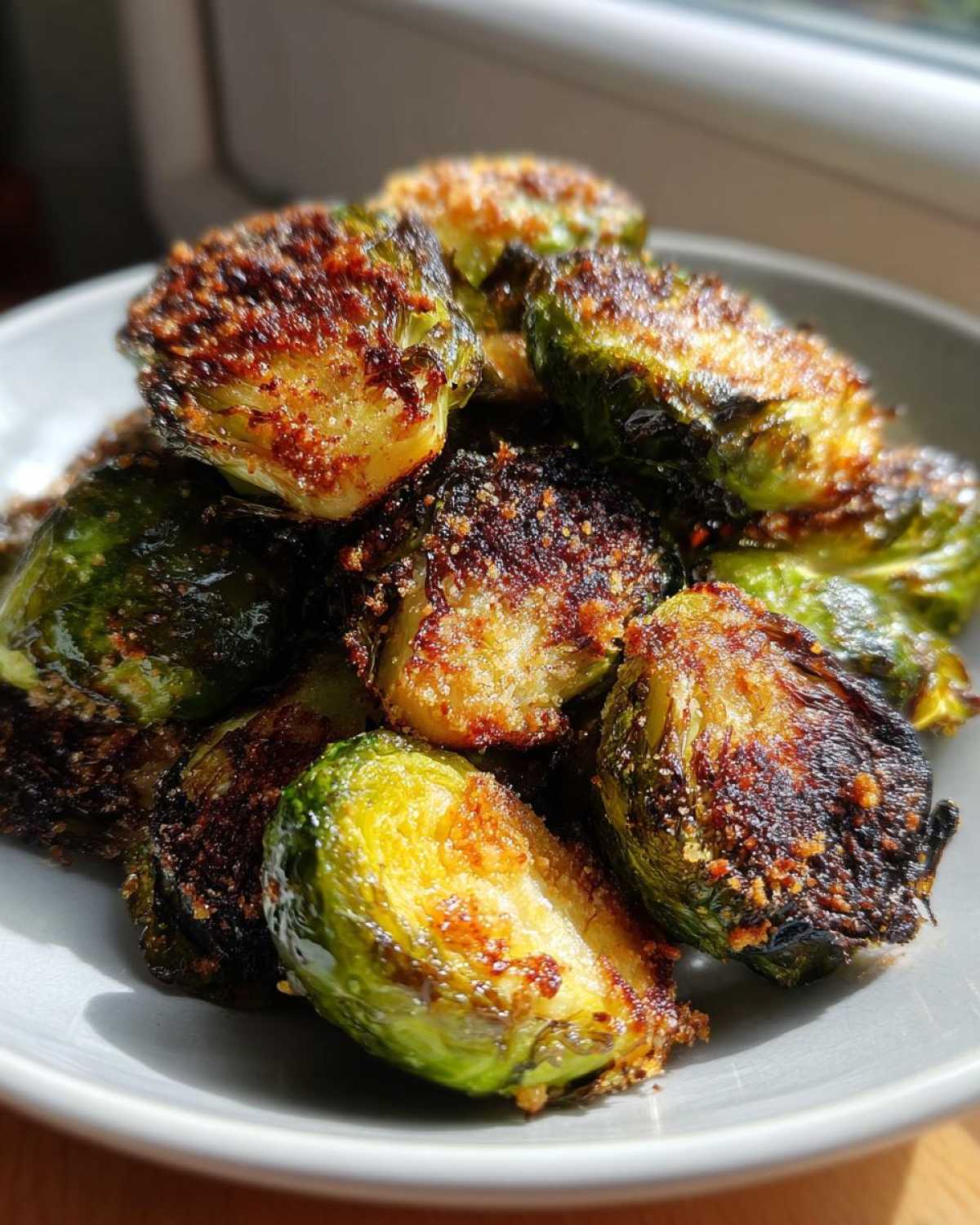 A close-up of roasted Brussels sprouts coated in golden, crispy Parmesan cheese topping.