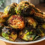 A mound of perfectly roasted Crispy Parmesan Brussels Sprouts, showing charred edges and a golden breadcrumb topping.