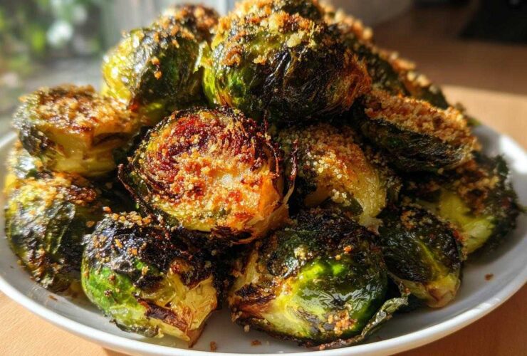 A mound of perfectly roasted Crispy Parmesan Brussels Sprouts, showing charred edges and a golden breadcrumb topping.