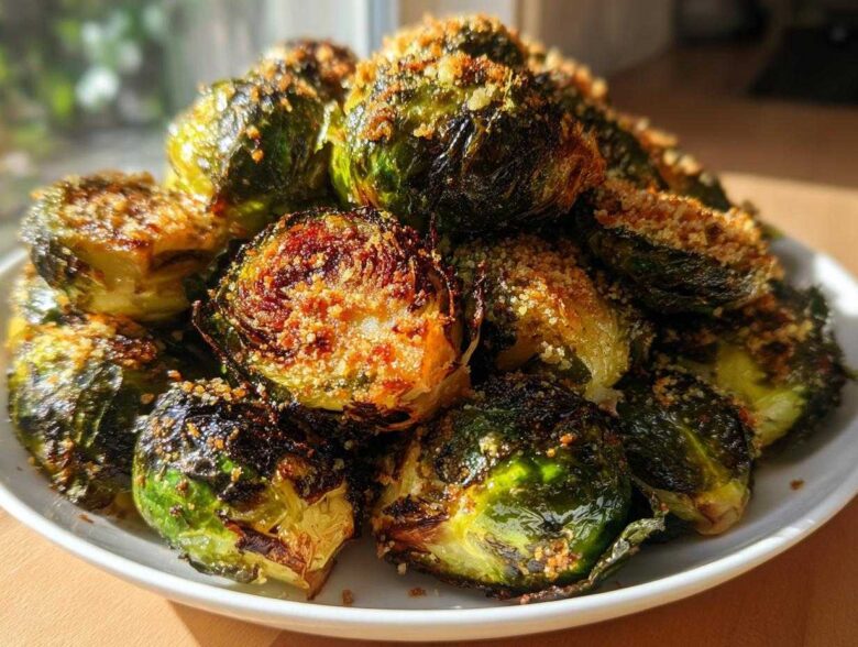 A mound of perfectly roasted Crispy Parmesan Brussels Sprouts, showing charred edges and a golden breadcrumb topping.