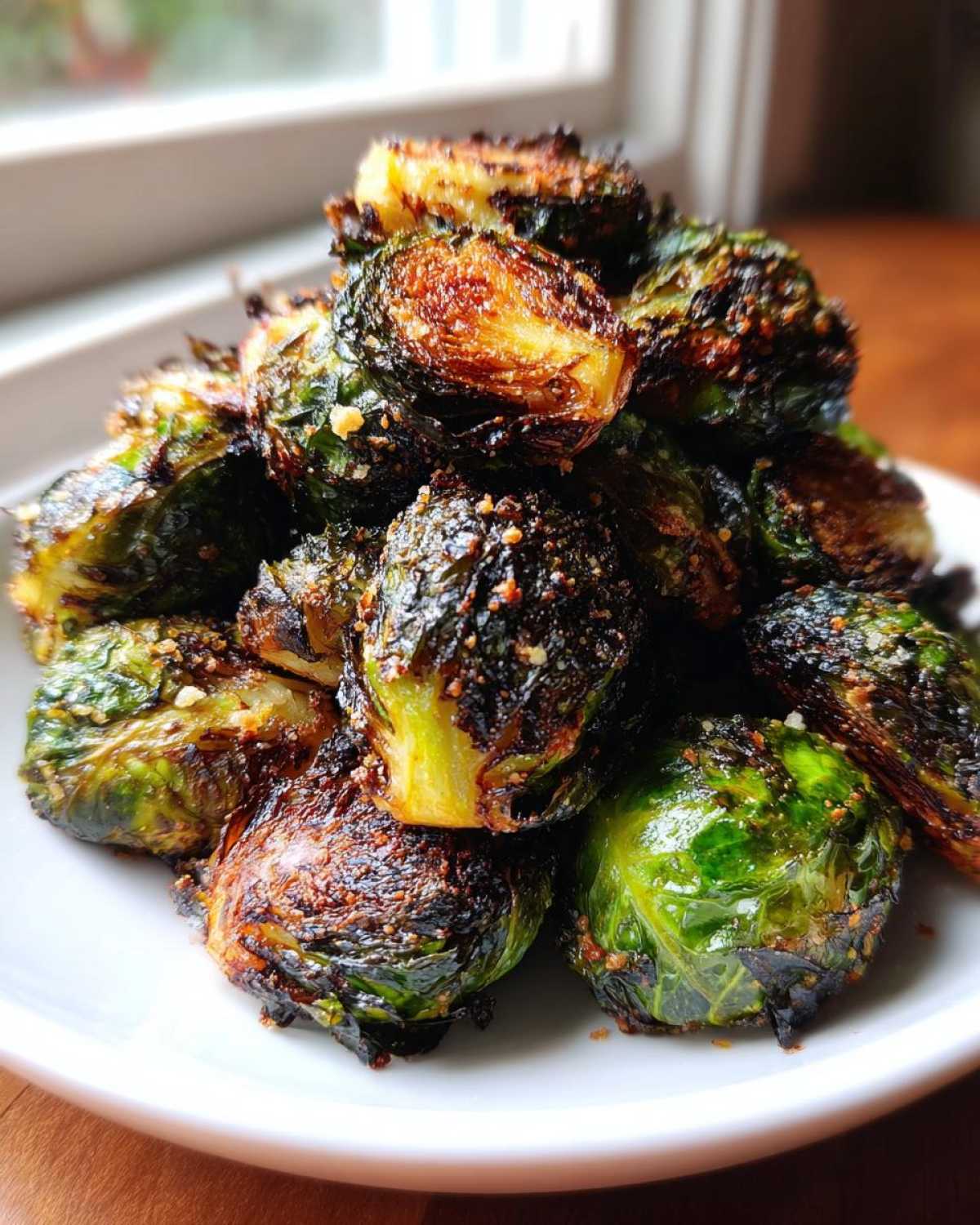 A close-up pile of deeply roasted and caramelized Crispy Parmesan Brussels Sprouts on a white plate.
