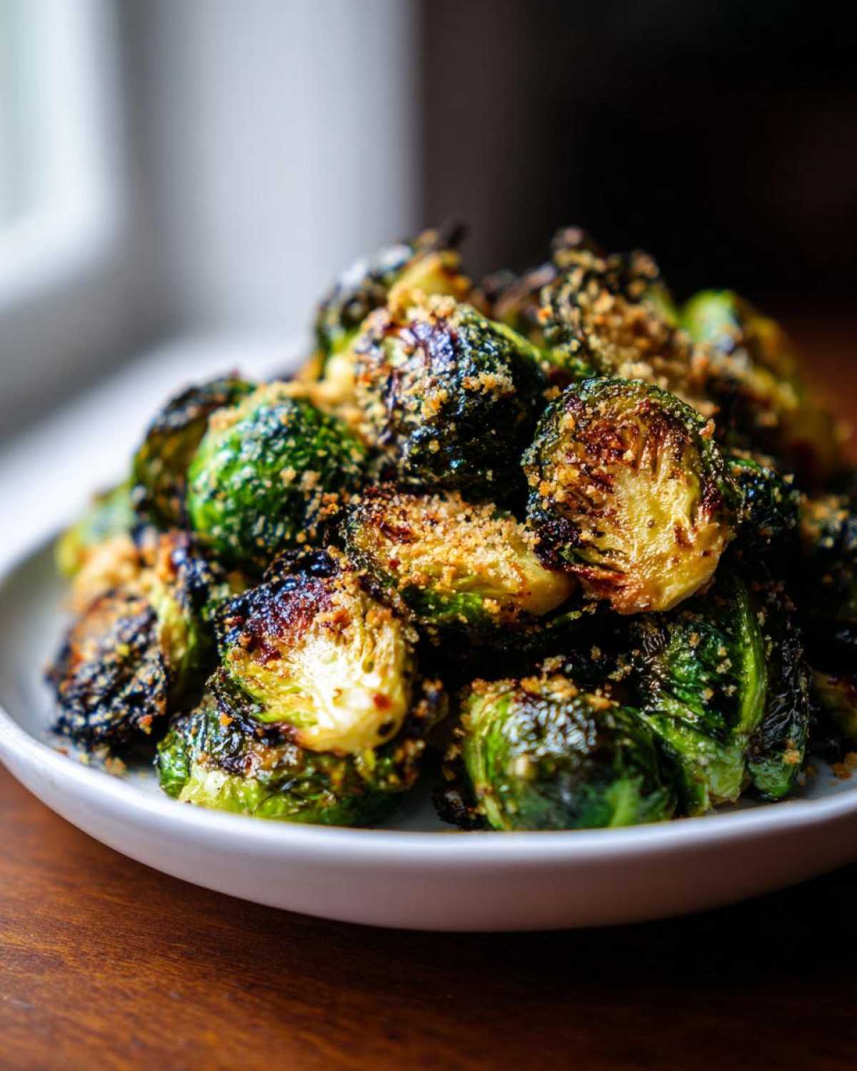 A close-up of roasted Brussels sprouts topped with golden, crispy Parmesan coating, ready to eat.