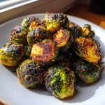 A close-up of roasted, Crispy Parmesan Brussels Sprouts piled on a white plate, showing caramelized edges.