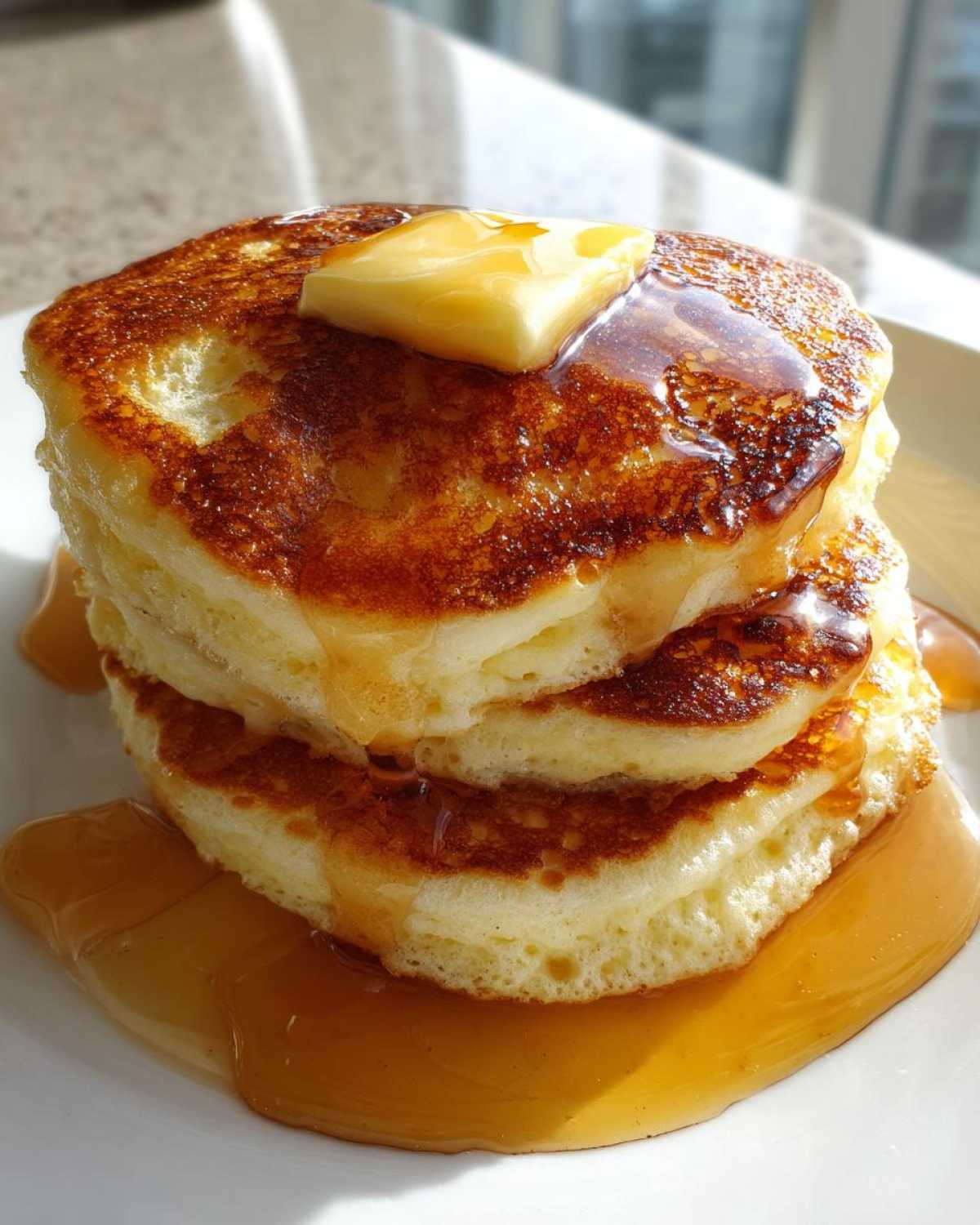 A tall stack of three fluffy Gluten-Free Buttermilk Pancakes topped with melting butter and drizzled with syrup.