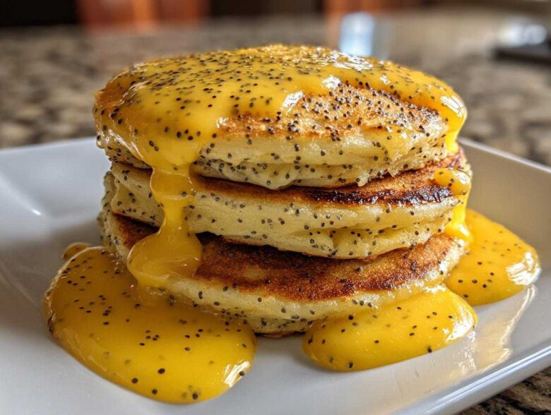 A stack of fluffy Vegan Lemon Poppy Seed Pancakes drizzled with bright yellow lemon sauce and poppy seeds.