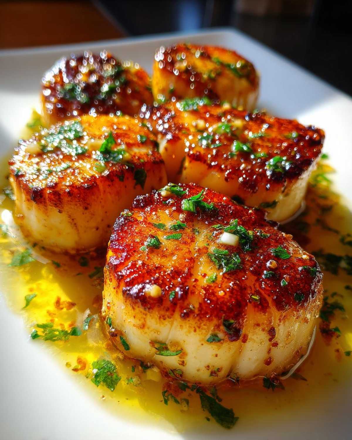 Close-up of four seared Garlic Butter Scallops with Lemon, glistening in butter sauce and topped with parsley.