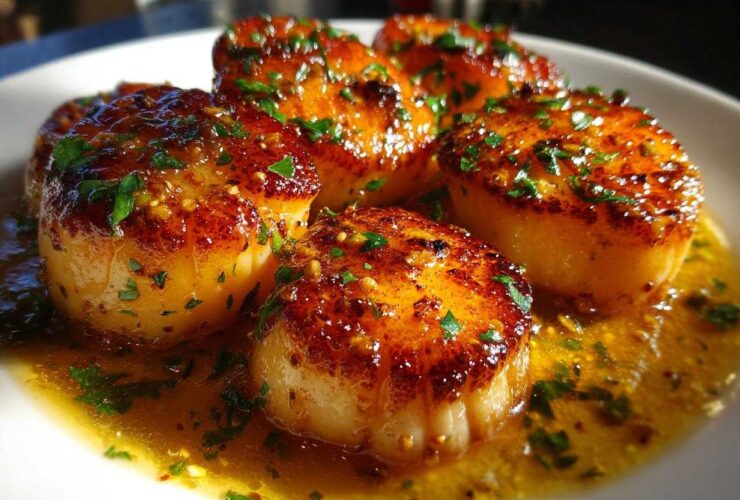 Close-up of perfectly seared Garlic Butter Scallops with Lemon sauce and fresh parsley garnish.