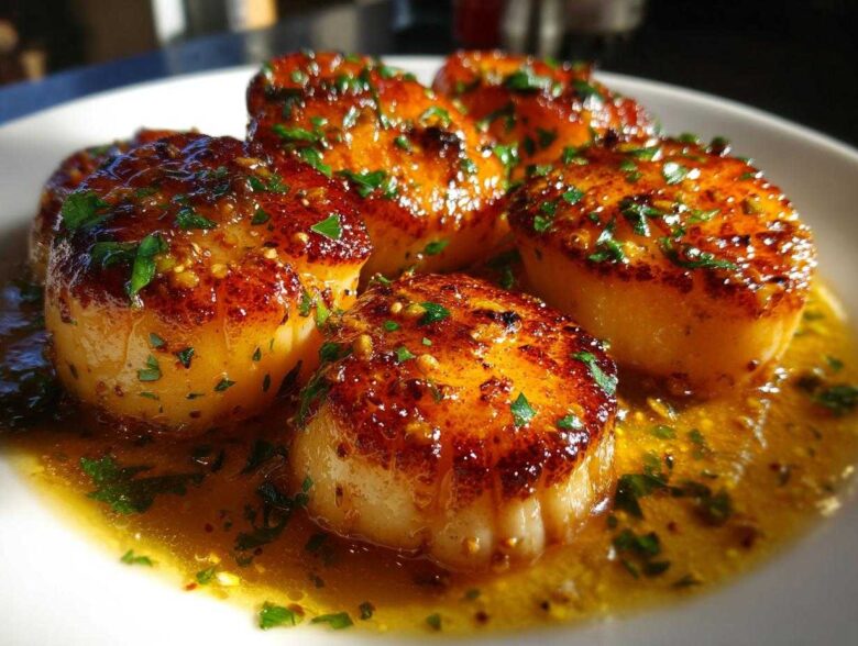 Close-up of perfectly seared Garlic Butter Scallops with Lemon sauce and fresh parsley garnish.