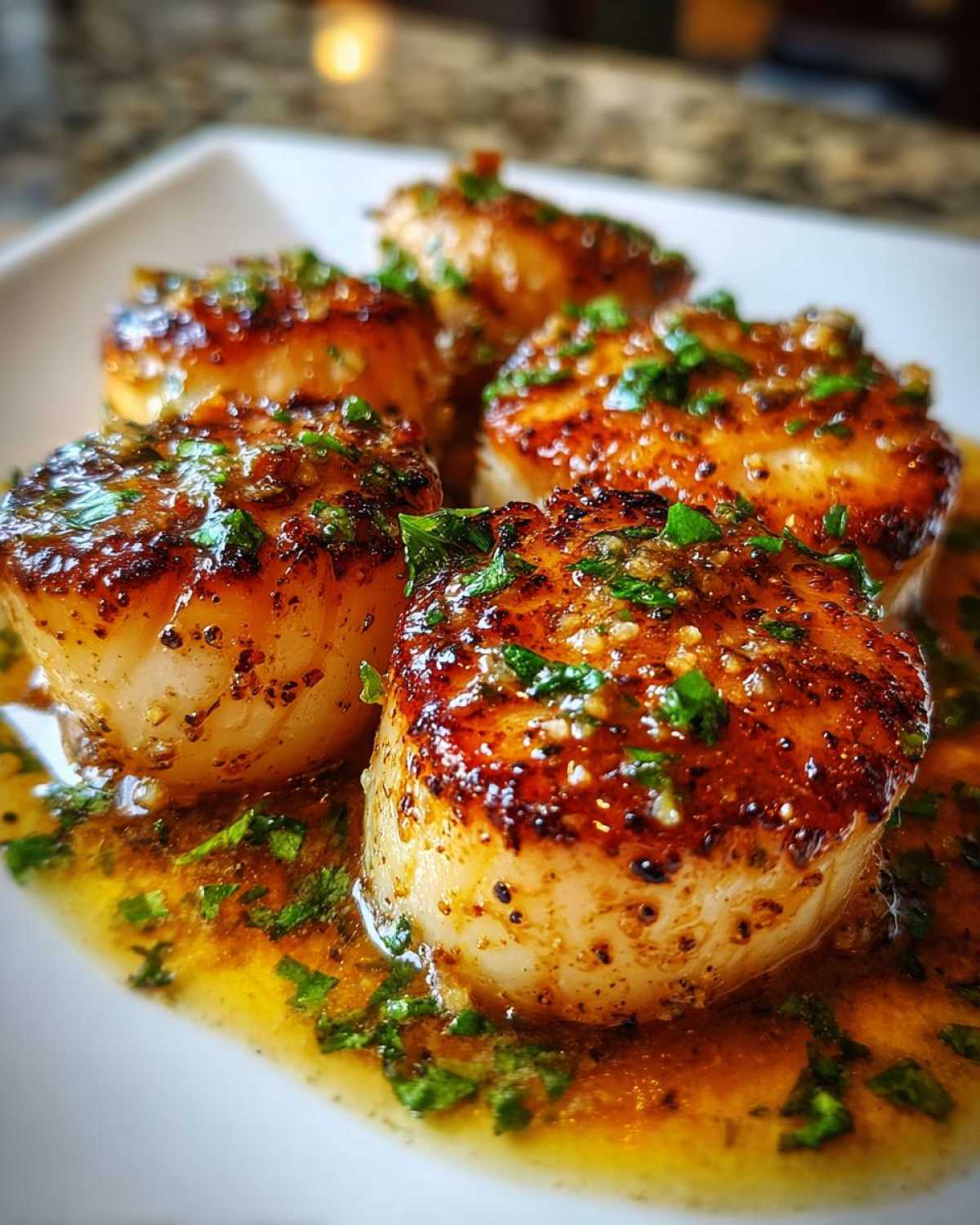 Close-up of beautifully seared Garlic Butter Scallops with Lemon, glistening in a rich sauce and topped with parsley.
