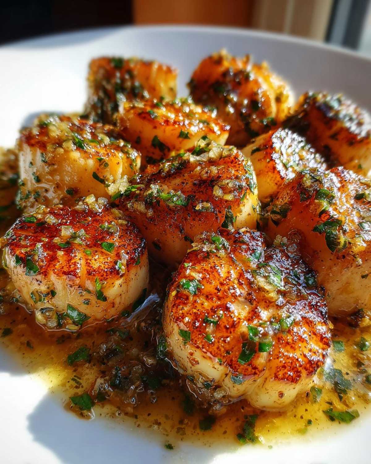 Close-up of golden-brown seared Garlic Butter Scallops with Lemon, glistening in a rich garlic and herb sauce.