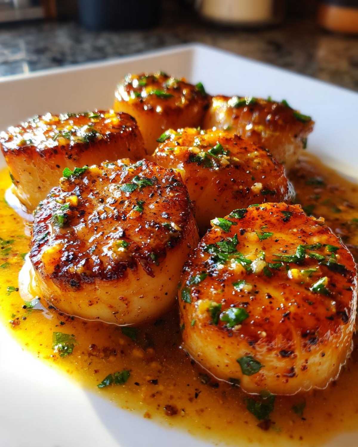 Close-up of seared Garlic Butter Scallops with Lemon sauce and fresh parsley.