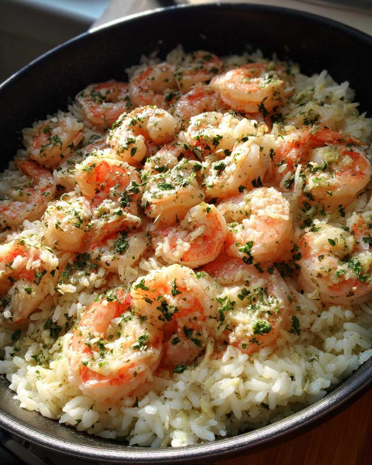 Close-up of Garlic Butter Shrimp and Rice Skillet topped with fresh parsley.