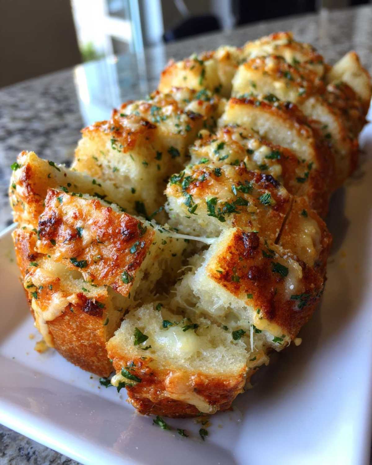 Close-up of cheesy Garlic Parmesan Pull-Apart Bread, sliced and showing melted cheese strings.
