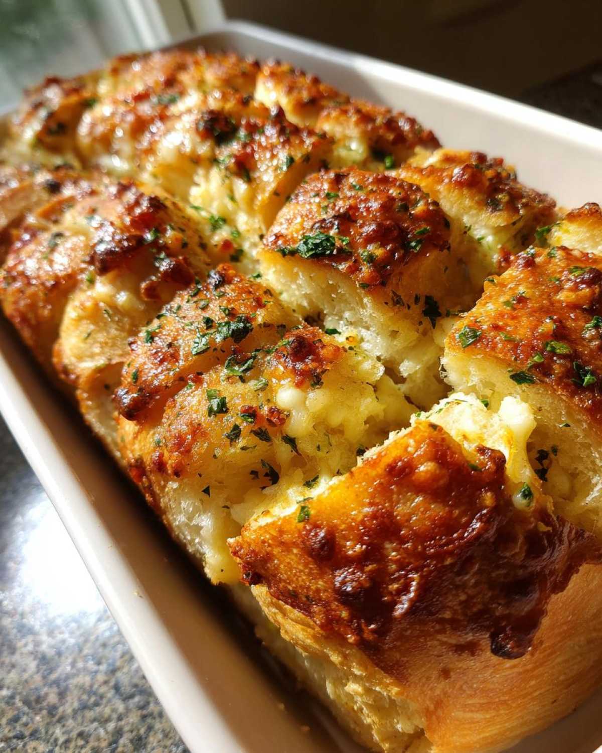 Close-up of golden brown Garlic Parmesan Pull-Apart Bread, glistening with butter and topped with parsley.