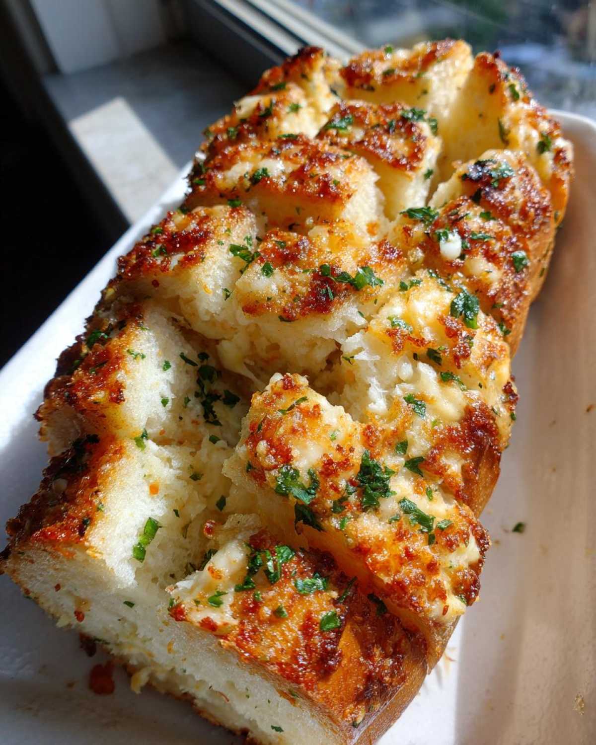 Close-up of golden, cheesy Garlic Parmesan Pull-Apart Bread, topped with melted cheese and fresh parsley.
