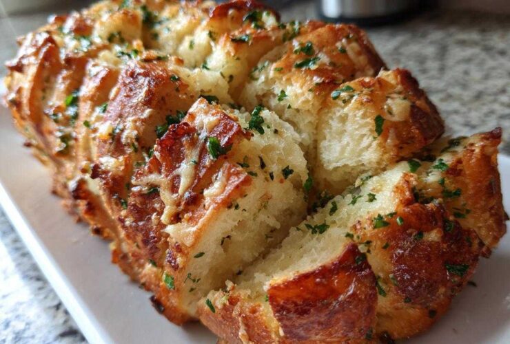 Close-up of freshly baked Garlic Parmesan Pull-Apart Bread, golden brown and topped with melted cheese and parsley.