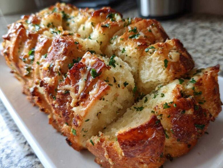 Close-up of freshly baked Garlic Parmesan Pull-Apart Bread, golden brown and topped with melted cheese and parsley.