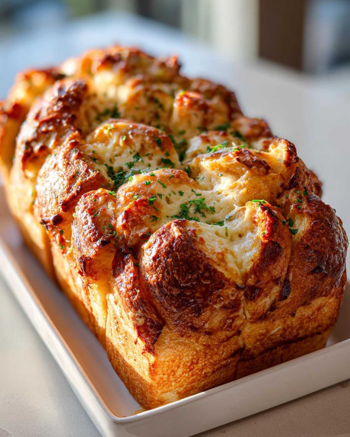 A loaf of golden brown Garlic Parmesan Pull-Apart Bread topped with melted cheese and fresh parsley.