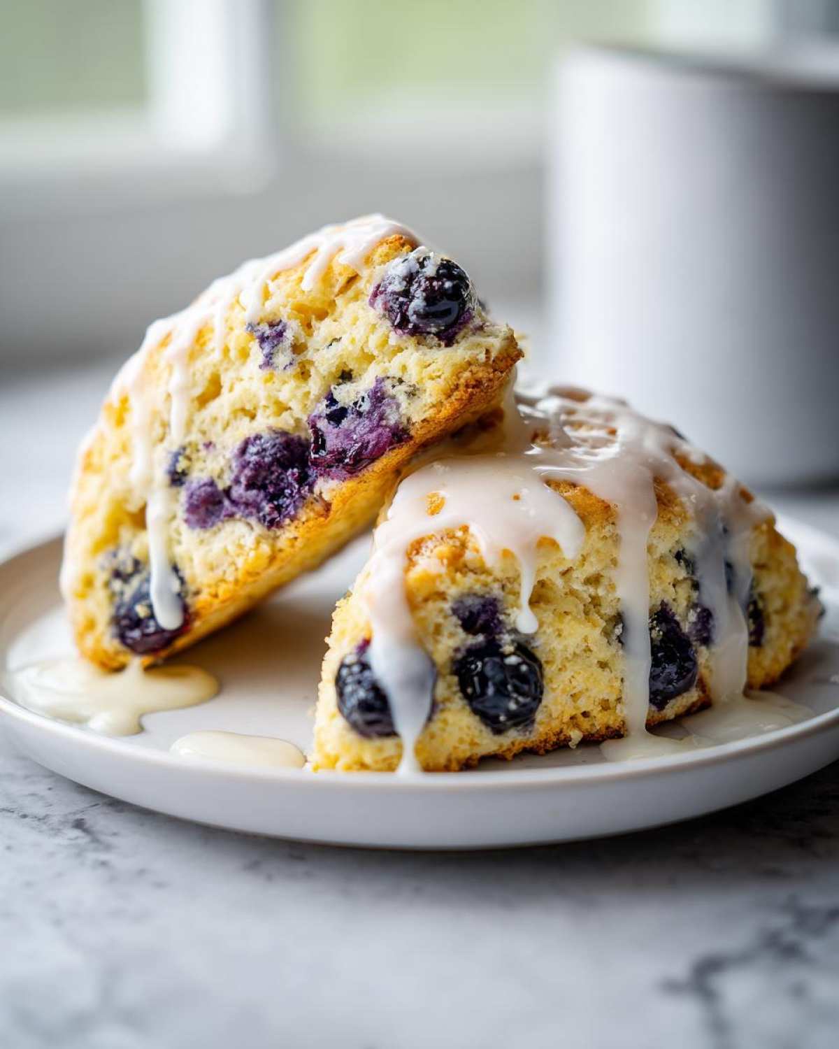 Two slices of moist Blueberry Lemon Scones topped with a thick lemon glaze, served on a white plate.