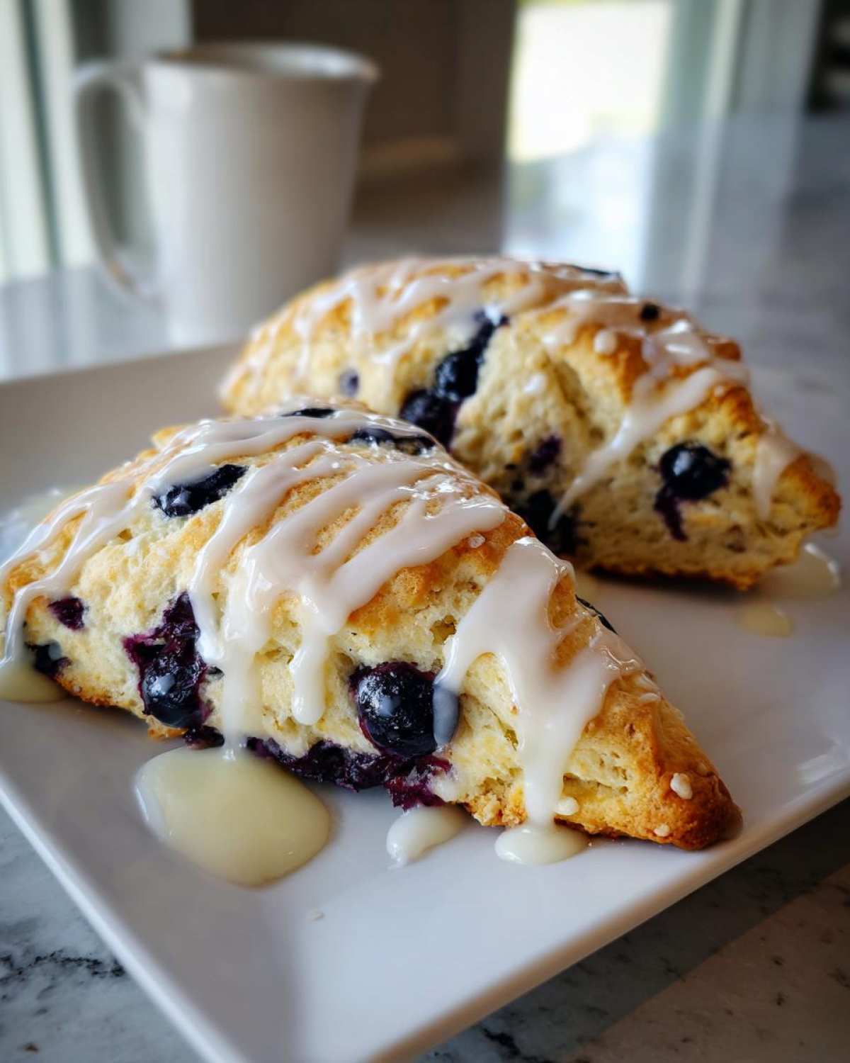 Two triangular Blueberry Lemon Scones generously drizzled with white lemon glaze, served on a white plate.