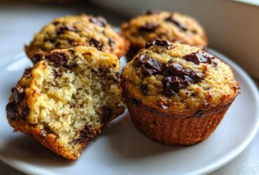 A close-up showing the moist interior and chocolate chunks of Gluten-Free Banana Chocolate Chip Muffins.