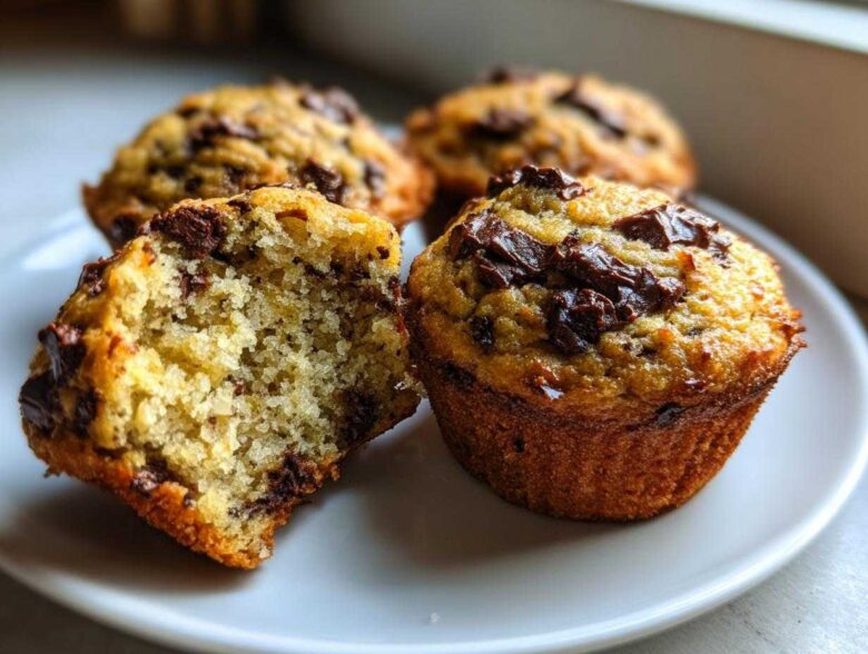A close-up showing the moist interior and chocolate chunks of Gluten-Free Banana Chocolate Chip Muffins.