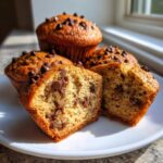 Close-up of Gluten-Free Banana Chocolate Chip Muffins, one cut open showing moist texture and chocolate chips.