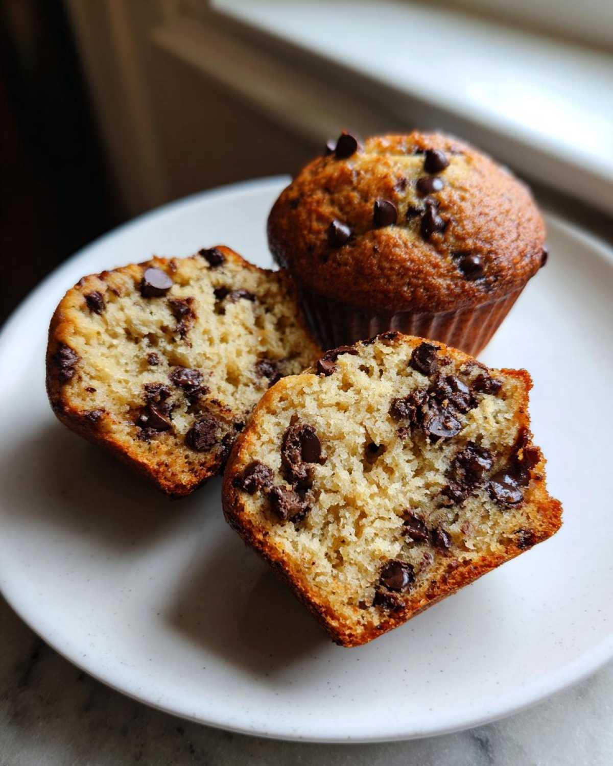 Close-up of a whole and a halved Gluten-Free Banana Chocolate Chip Muffins showing moist texture and chocolate chips.