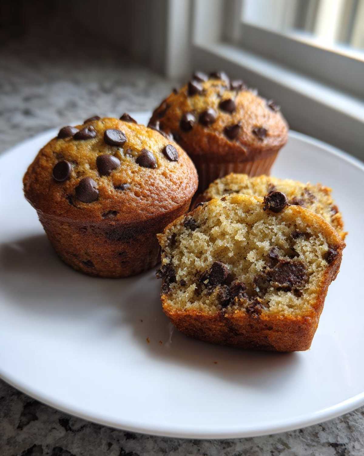 Three Gluten-Free Banana Chocolate Chip Muffins on a white plate, one cut open showing moist texture and chocolate chips.