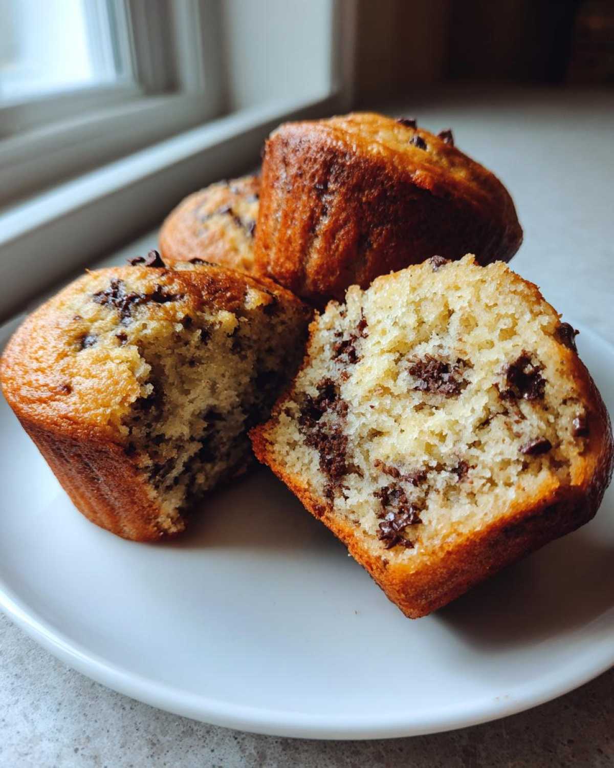 Close-up of moist Gluten-Free Banana Chocolate Chip Muffins, one cut open showing chocolate chips throughout the crumb.