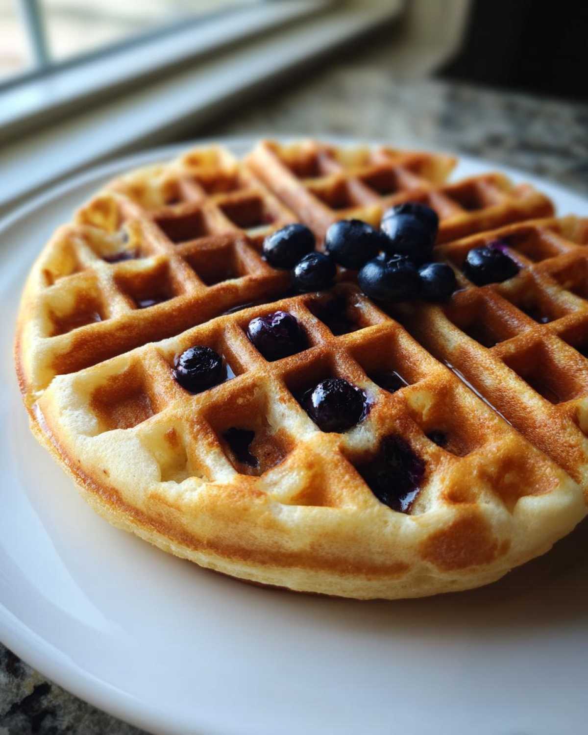 Close-up of a perfectly golden Gluten-Free Blueberry Waffles topped with fresh blueberries and syrup.