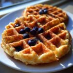 Close-up of golden Gluten-Free Blueberry Waffles topped with fresh blueberries on a white plate.