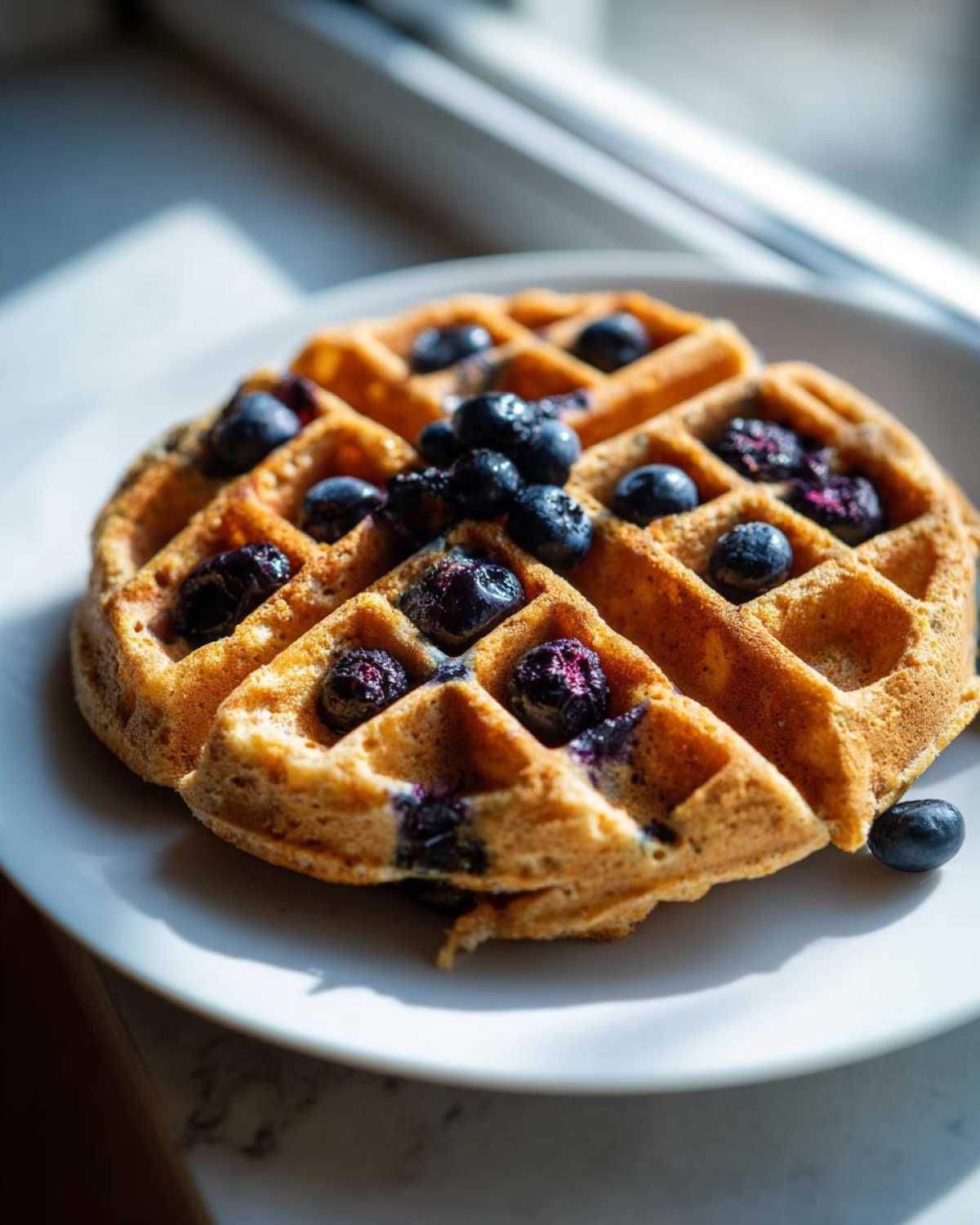 A golden-brown Gluten-Free Blueberry Waffles served on a white plate, topped with fresh blueberries, backlit by window light.