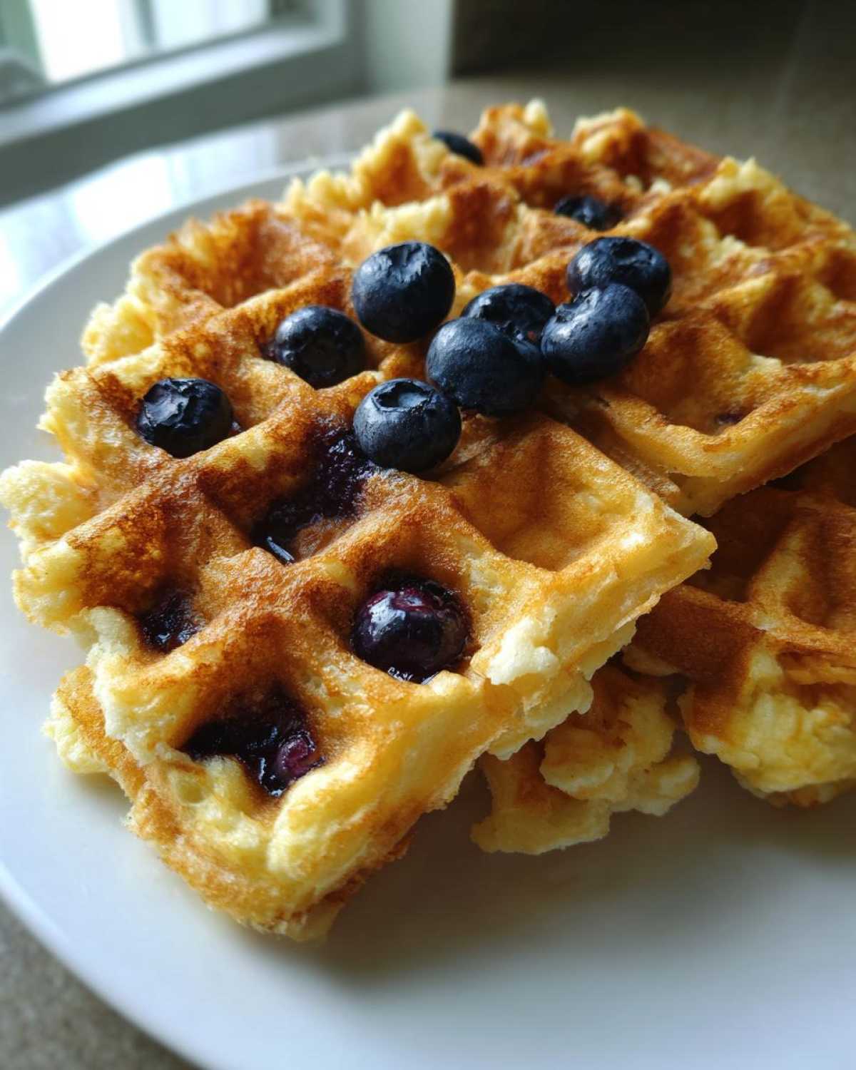 Close-up of golden brown Gluten-Free Blueberry Waffles topped with fresh blueberries on a white plate.