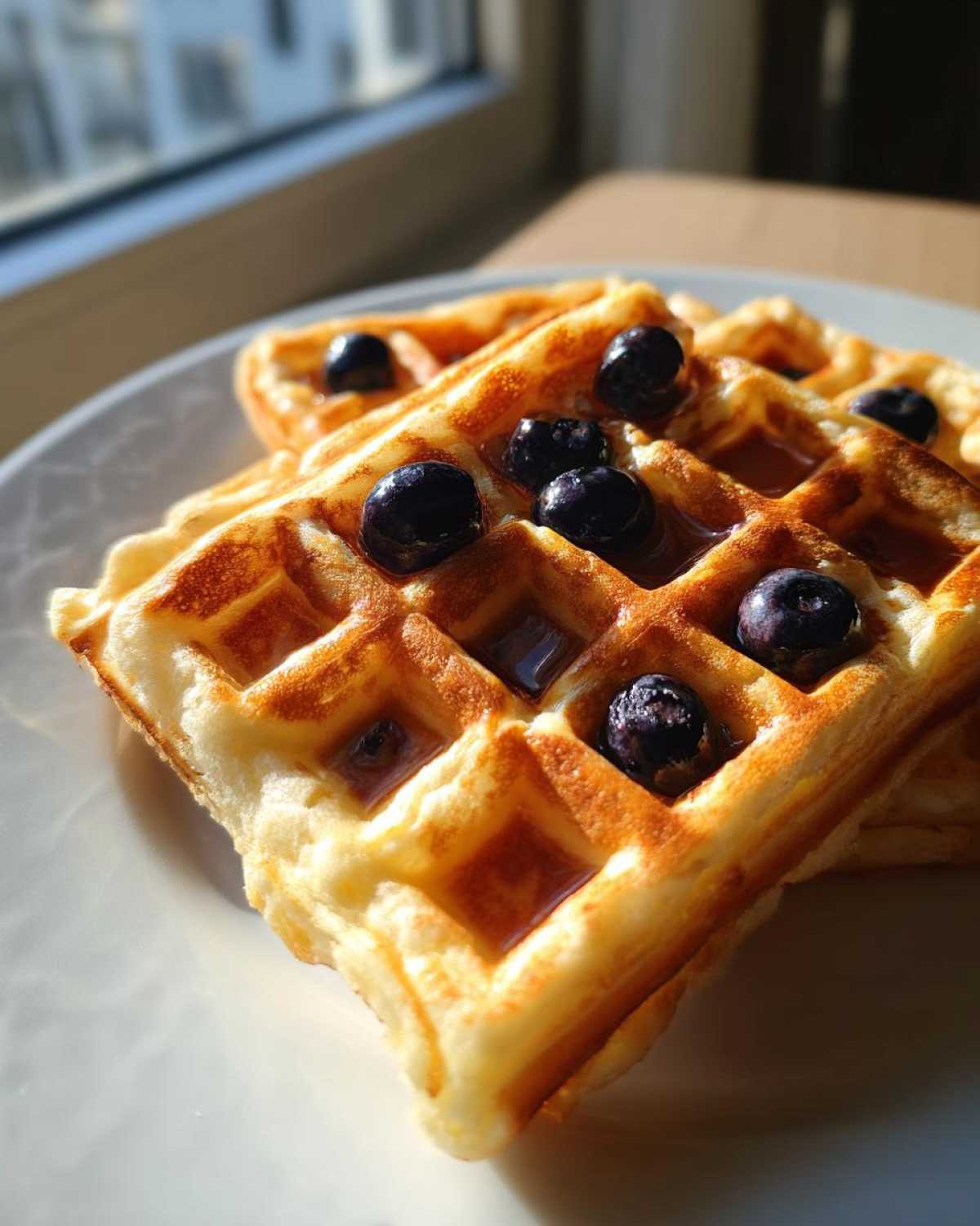 Close-up of golden Gluten-Free Blueberry Waffles topped with fresh blueberries and syrup.