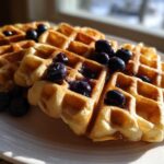 Close-up of golden Gluten-Free Blueberry Waffles topped with fresh blueberries and syrup, served on a white plate.