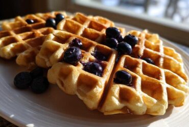 Close-up of golden Gluten-Free Blueberry Waffles topped with fresh blueberries and syrup, served on a white plate.