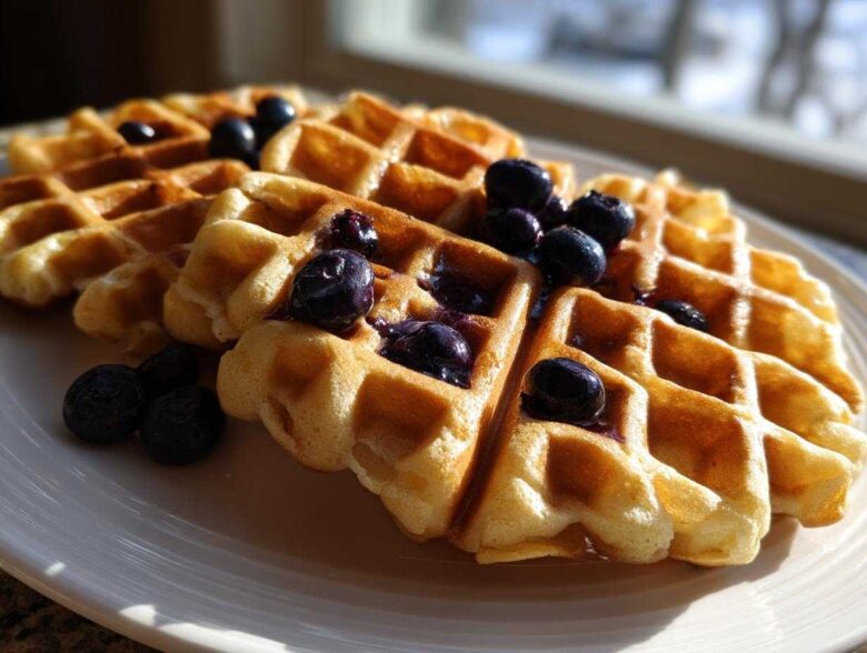 Close-up of golden Gluten-Free Blueberry Waffles topped with fresh blueberries and syrup, served on a white plate.