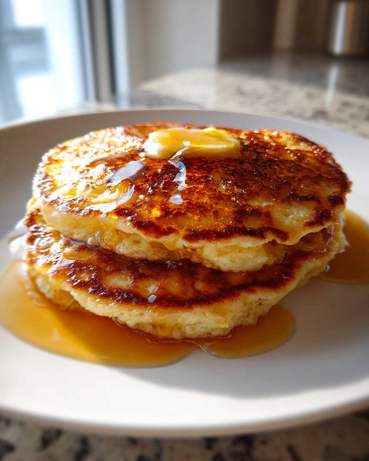 A close-up of a stack of golden Gluten-Free Buttermilk Pancakes topped with melting butter and drizzled with syrup.