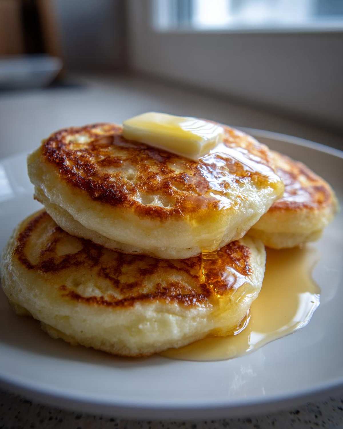 Close-up of a stack of fluffy Gluten-Free Buttermilk Pancakes topped with melting butter and syrup.