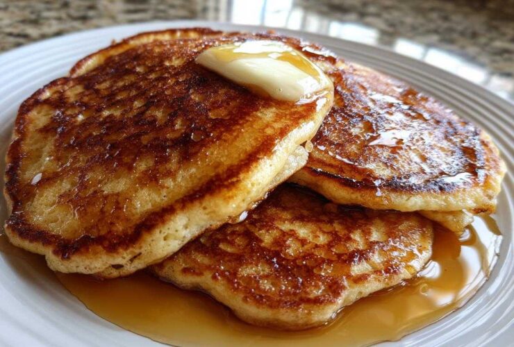 A stack of three golden-brown Gluten-Free Buttermilk Pancakes topped with melting butter and drizzled with syrup.