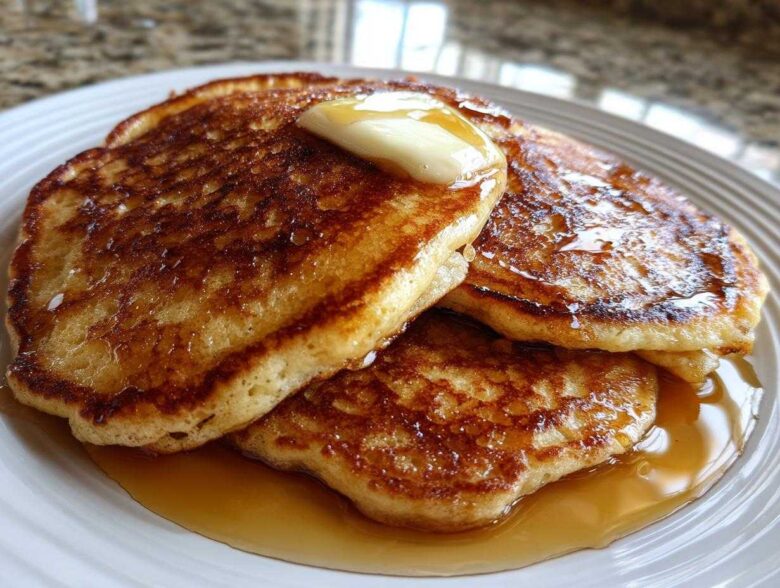 A stack of three golden-brown Gluten-Free Buttermilk Pancakes topped with melting butter and drizzled with syrup.