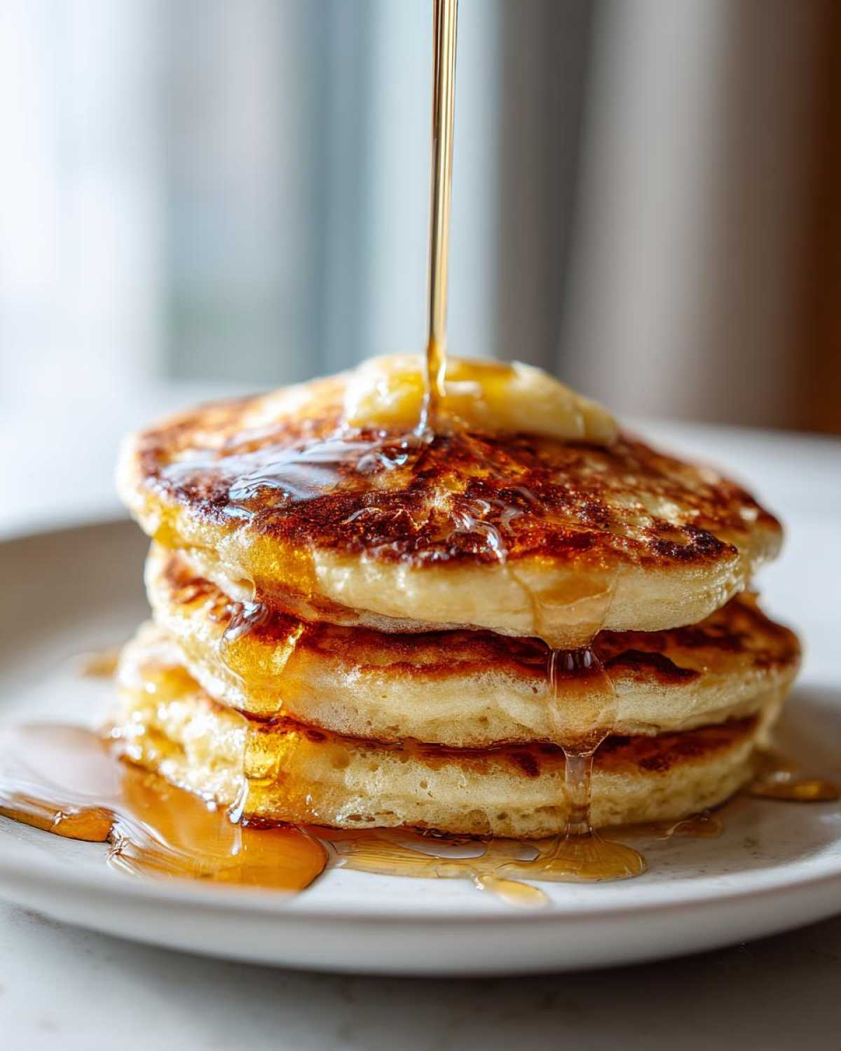 A stack of three fluffy Gluten-Free Buttermilk Pancakes topped with melting butter and syrup being poured on top.