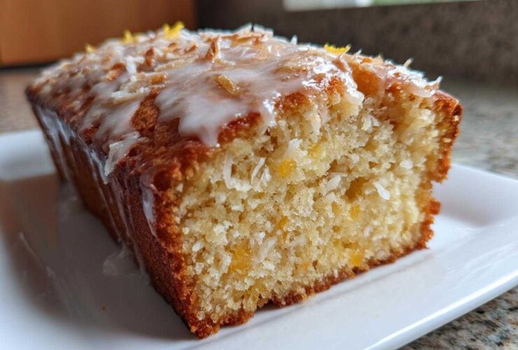Close-up of a moist Gluten-Free Lemon Coconut Cake loaf topped with white glaze, shredded coconut, and lemon zest.