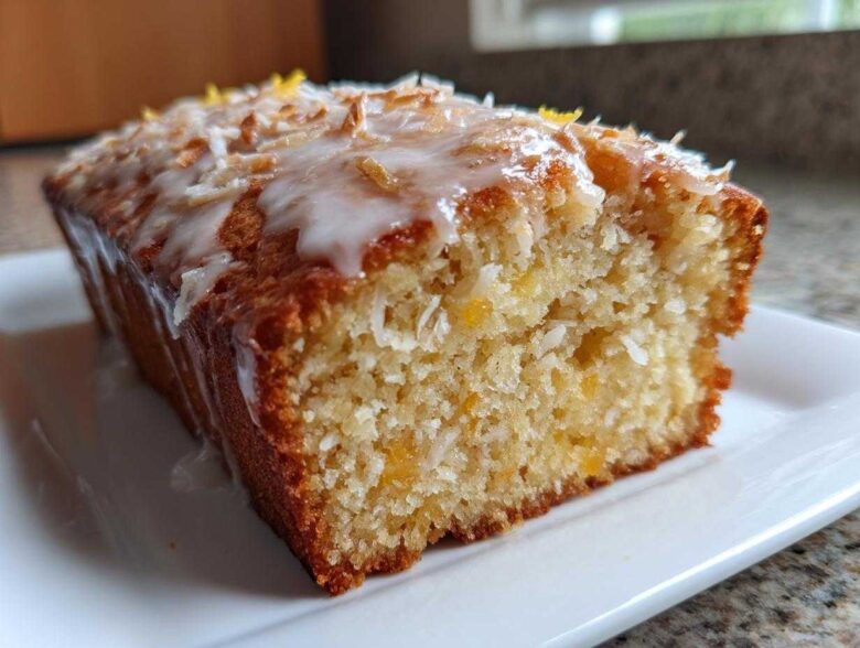 Close-up of a moist Gluten-Free Lemon Coconut Cake loaf topped with white glaze, shredded coconut, and lemon zest.