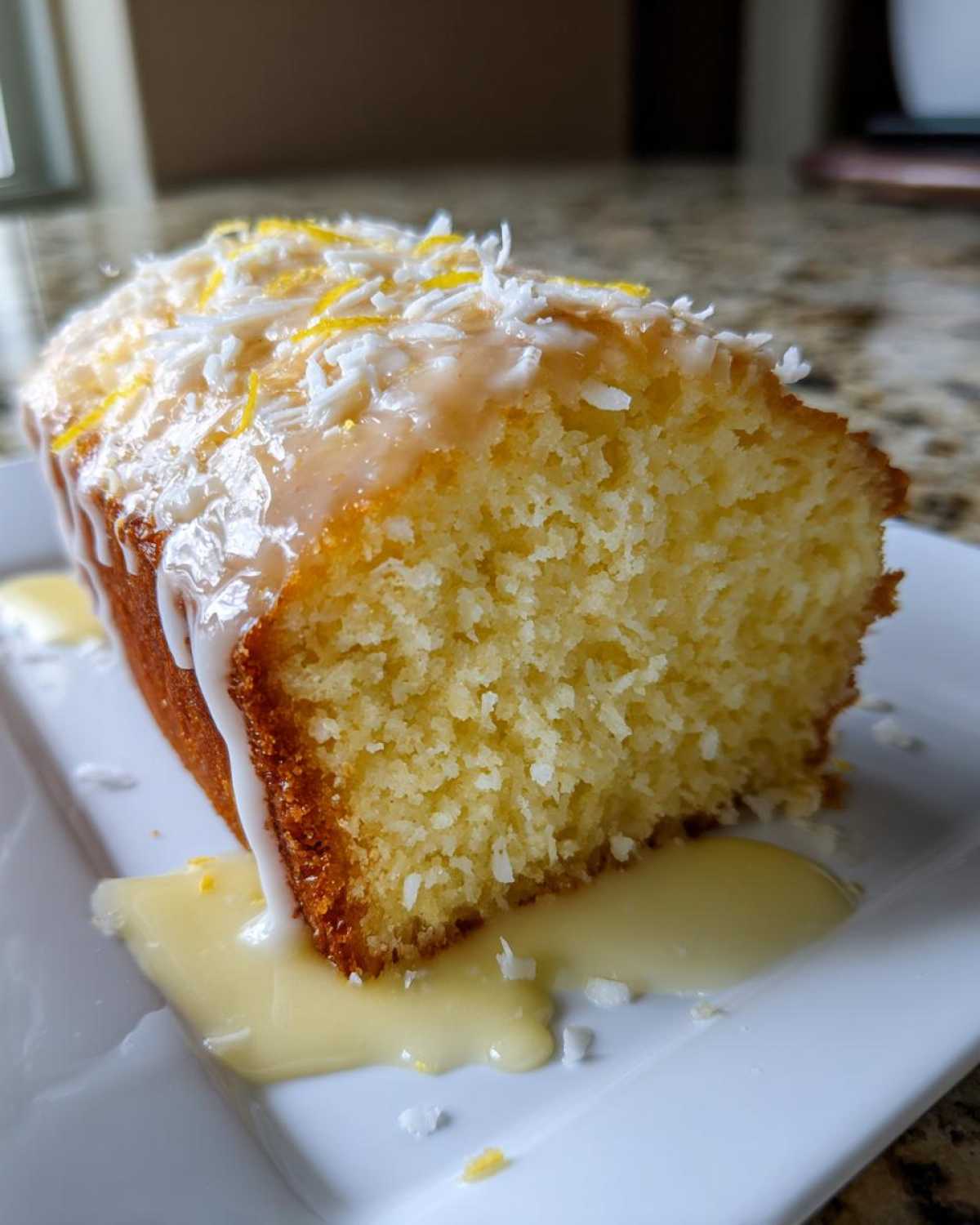 Close-up of a moist slice of Gluten-Free Lemon Coconut Cake topped with white glaze, coconut flakes, and lemon zest.