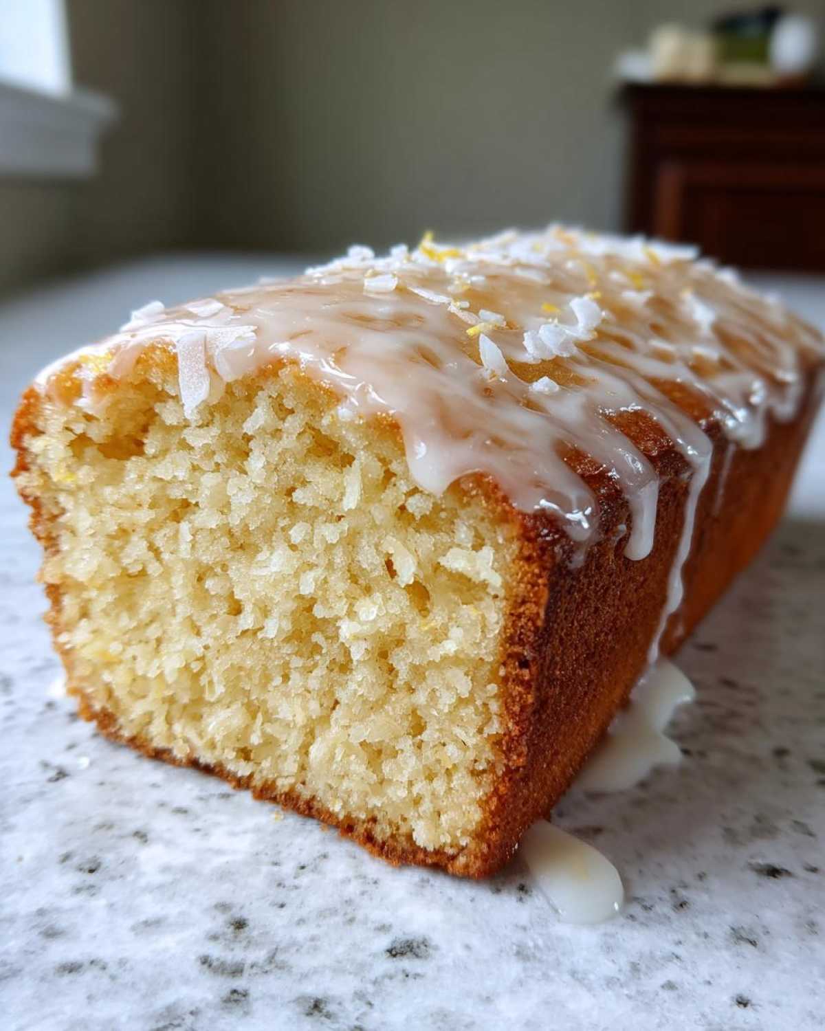 Close-up of a moist slice of Gluten-Free Lemon Coconut Cake topped with white glaze and shredded coconut.